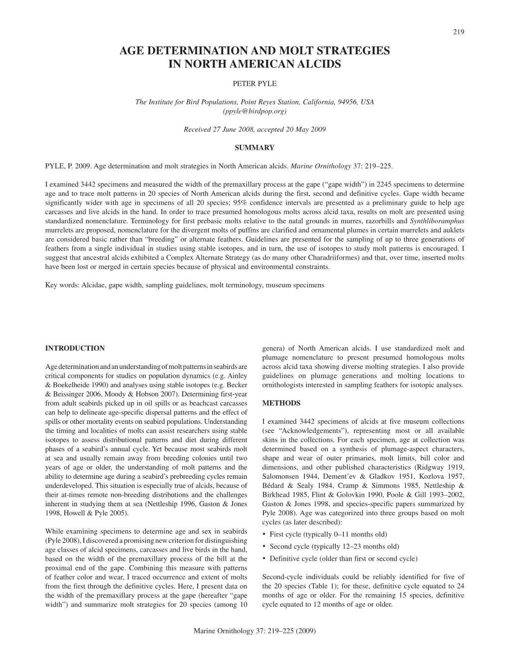 Age Determination and Molt Strategies in North American Alcids 219 AGE DETERMINATION and MOLT STRATEGIES in NORTH AMERICAN ALCIDS