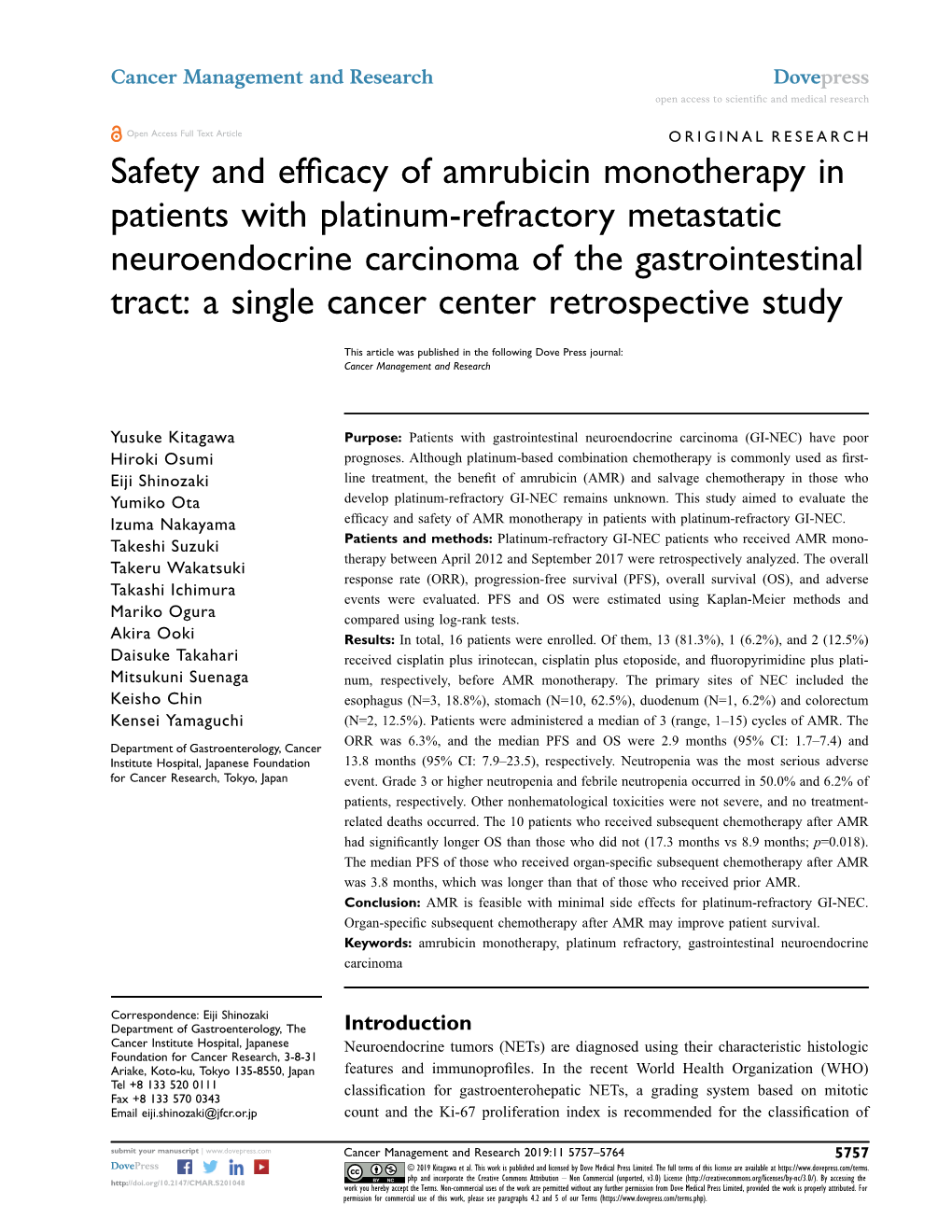 Safety and Efficacy of Amrubicin Monotherapy in Patients with Platinum-Refractory Metastatic Neuroendocrine Carcinoma of the Gastrointestinal Tract: a Single Cancer Center Retrospective