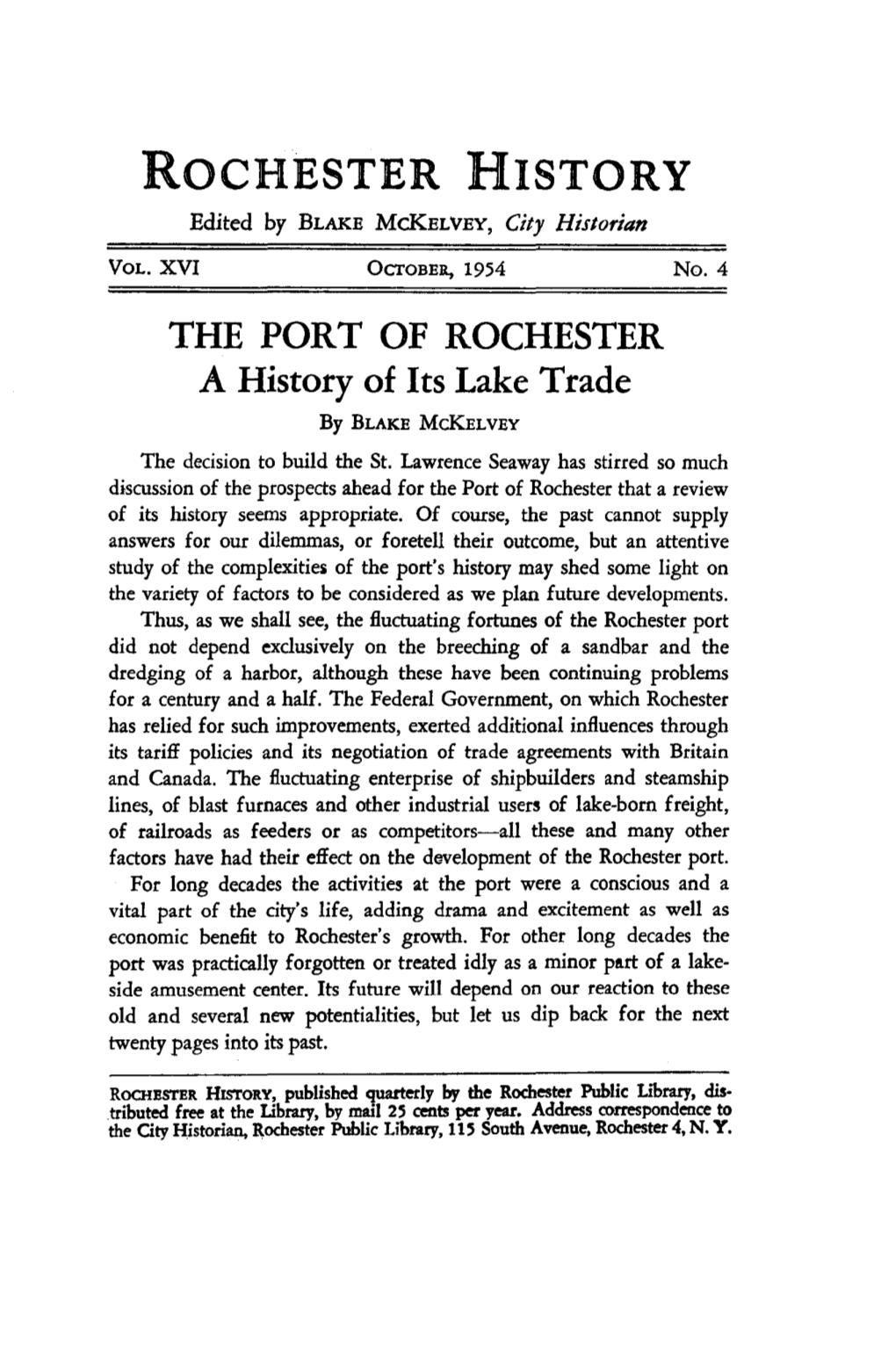 THE PORT of ROCHESTER a History of Its Lake Trade