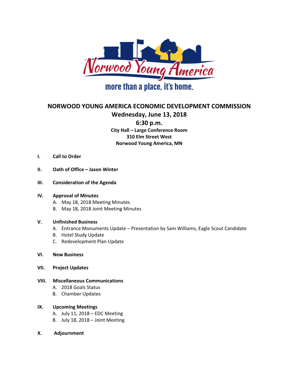 NORWOOD YOUNG AMERICA ECONOMIC DEVELOPMENT COMMISSION Wednesday, June 13, 2018 6:30 P.M