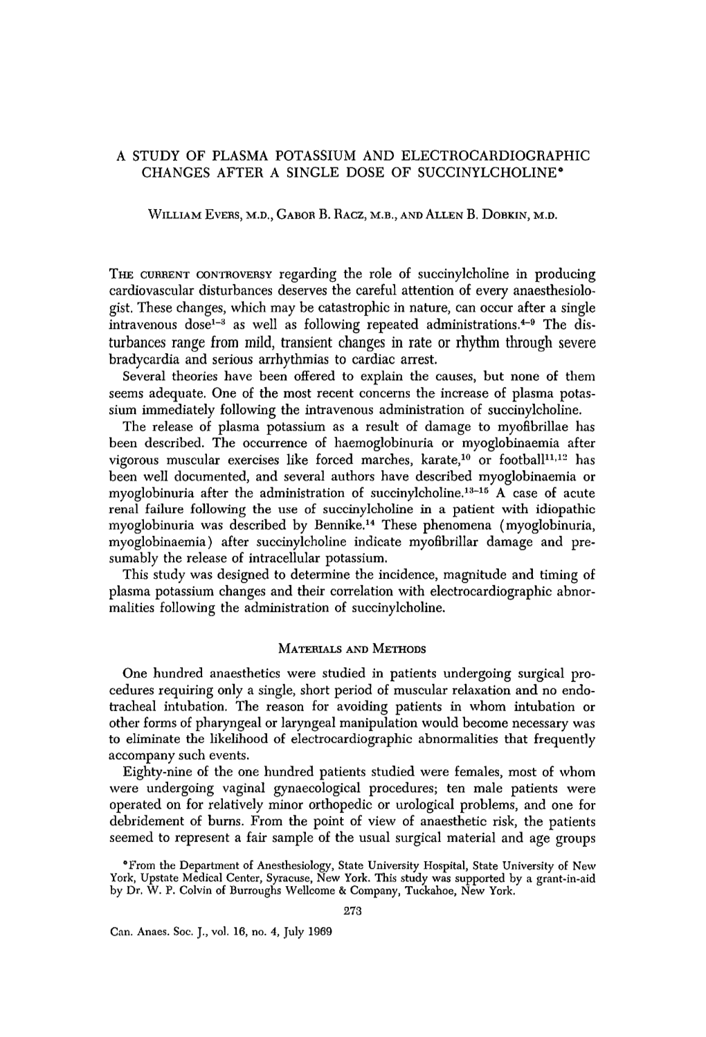 A Study of Plasma Potassium and Electrocardiographic Changes After a Single Dose of Succinylcholine*