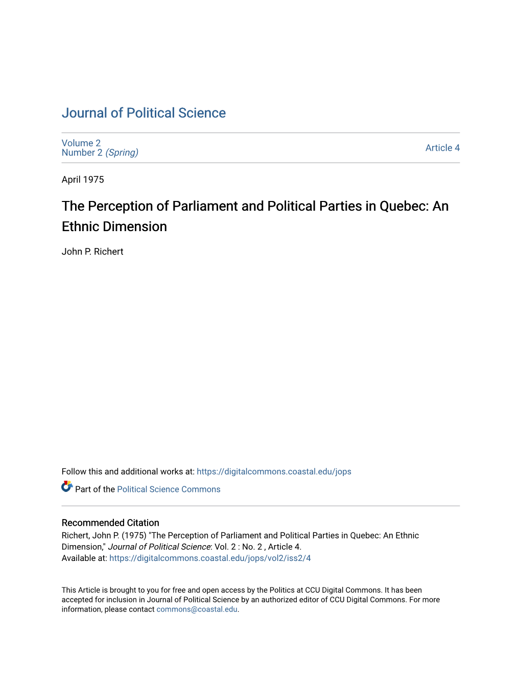 The Perception of Parliament and Political Parties in Quebec: an Ethnic Dimension