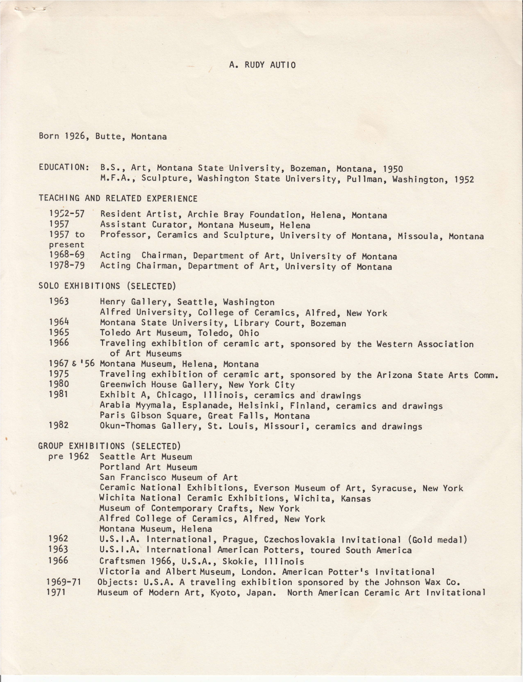 Of Art Museums 1967 E !55 Montana Museum, Helena, Montana 1975 Traveling Exhibition of Ceram'ic Art, Sponsored by the Arizona State Arts Comm