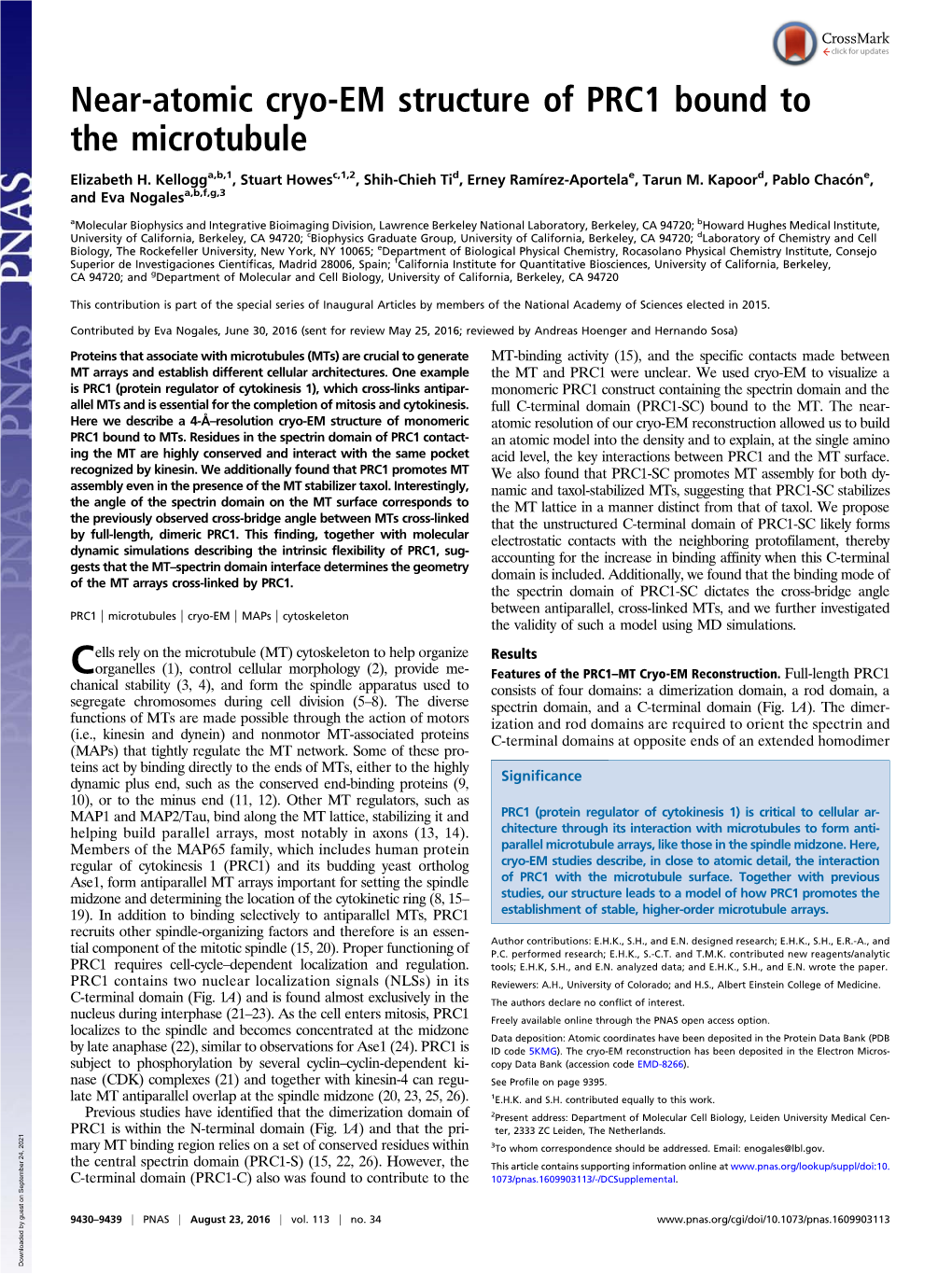 Near-Atomic Cryo-EM Structure of PRC1 Bound to the Microtubule