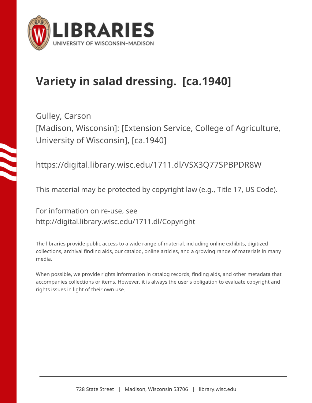 Variety in Salad Dressing. [Ca.1940]