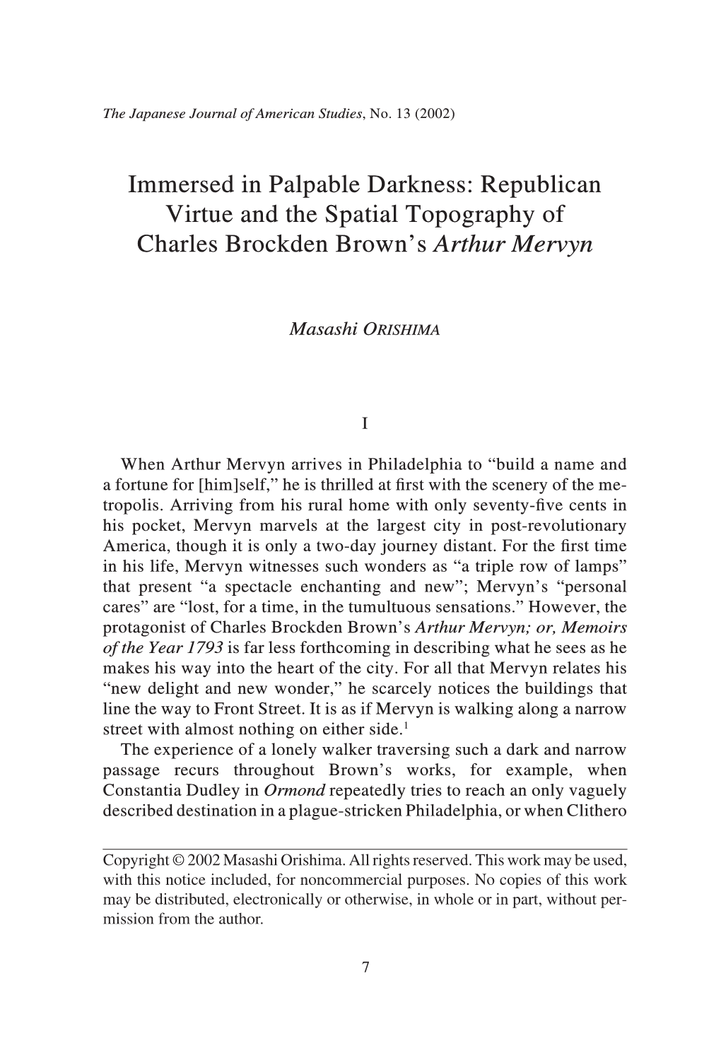 Republican Virtue and the Spatial Topography of Charles Brockden Brown’S Arthur Mervyn