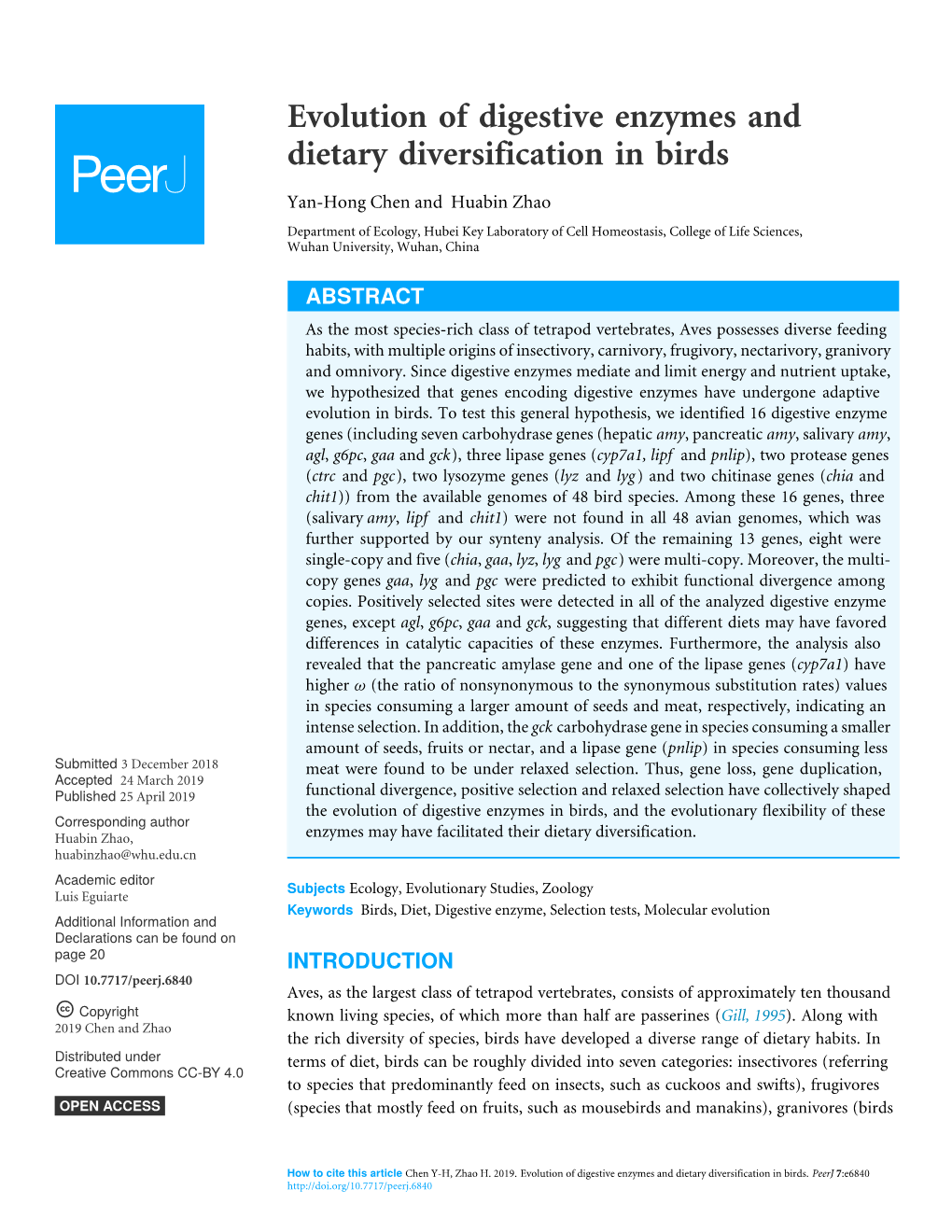 Evolution of Digestive Enzymes and Dietary Diversification in Birds