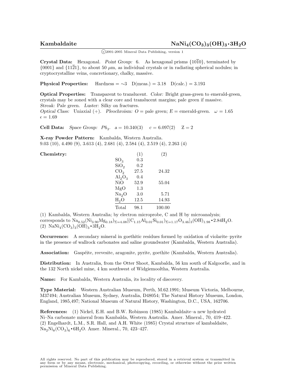 Kambaldaite Nani4(CO3)3(OH)3 • 3H2O C 2001-2005 Mineral Data Publishing, Version 1