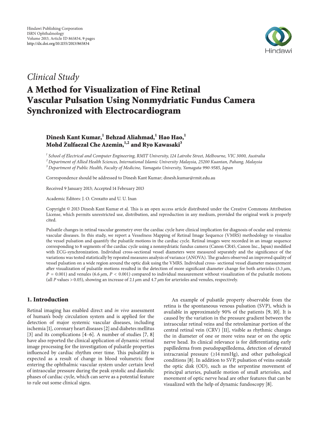 A Method for Visualization of Fine Retinal Vascular Pulsation Using Nonmydriatic Fundus Camera Synchronized with Electrocardiogram