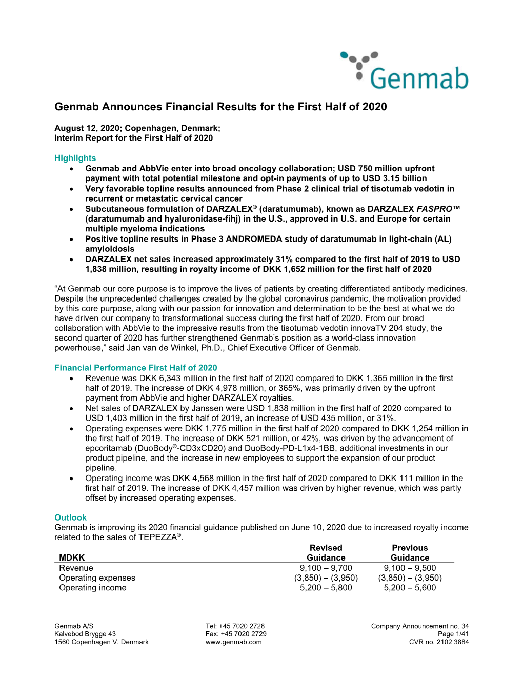 Genmab Announces Financial Results for the First Half of 2020