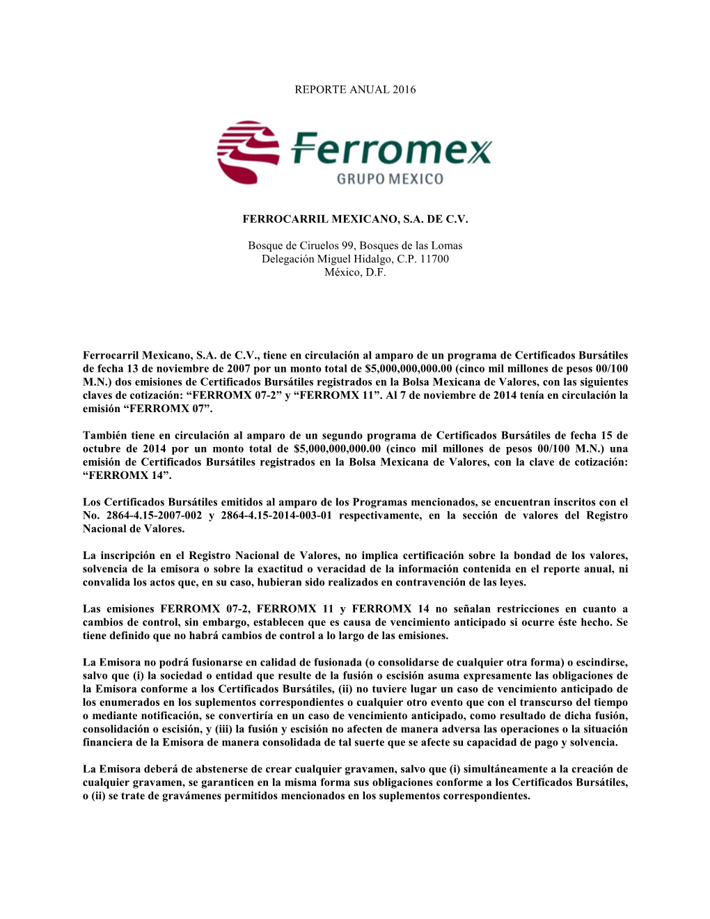 Reporte Anual 2016 Ferrocarril Mexicano, S.A