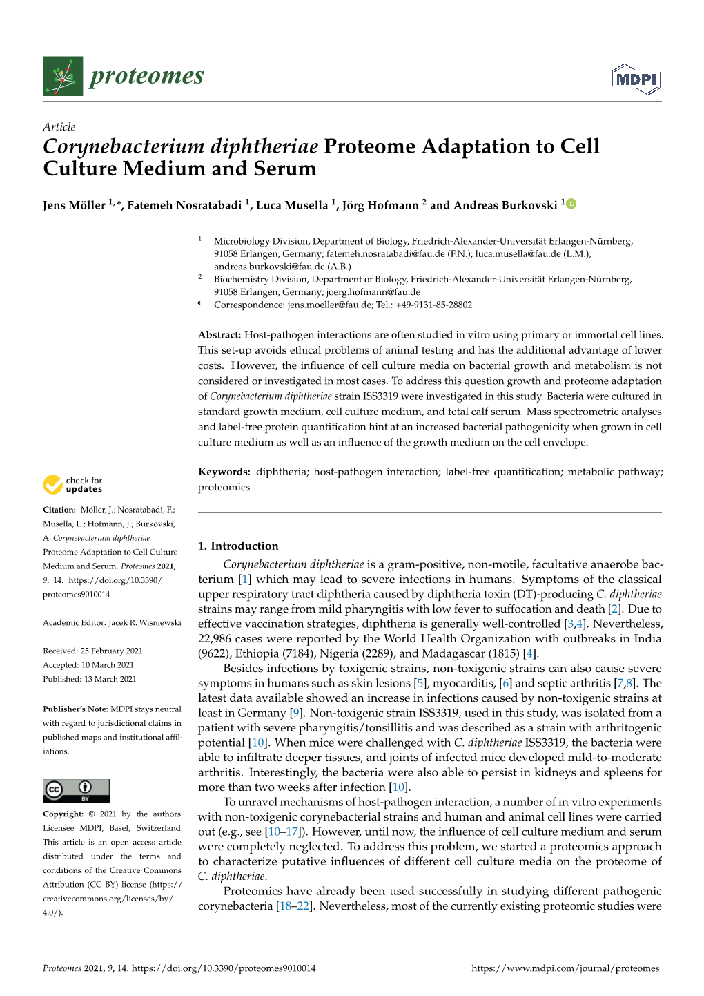 Corynebacterium Diphtheriae Proteome Adaptation to Cell Culture Medium and Serum