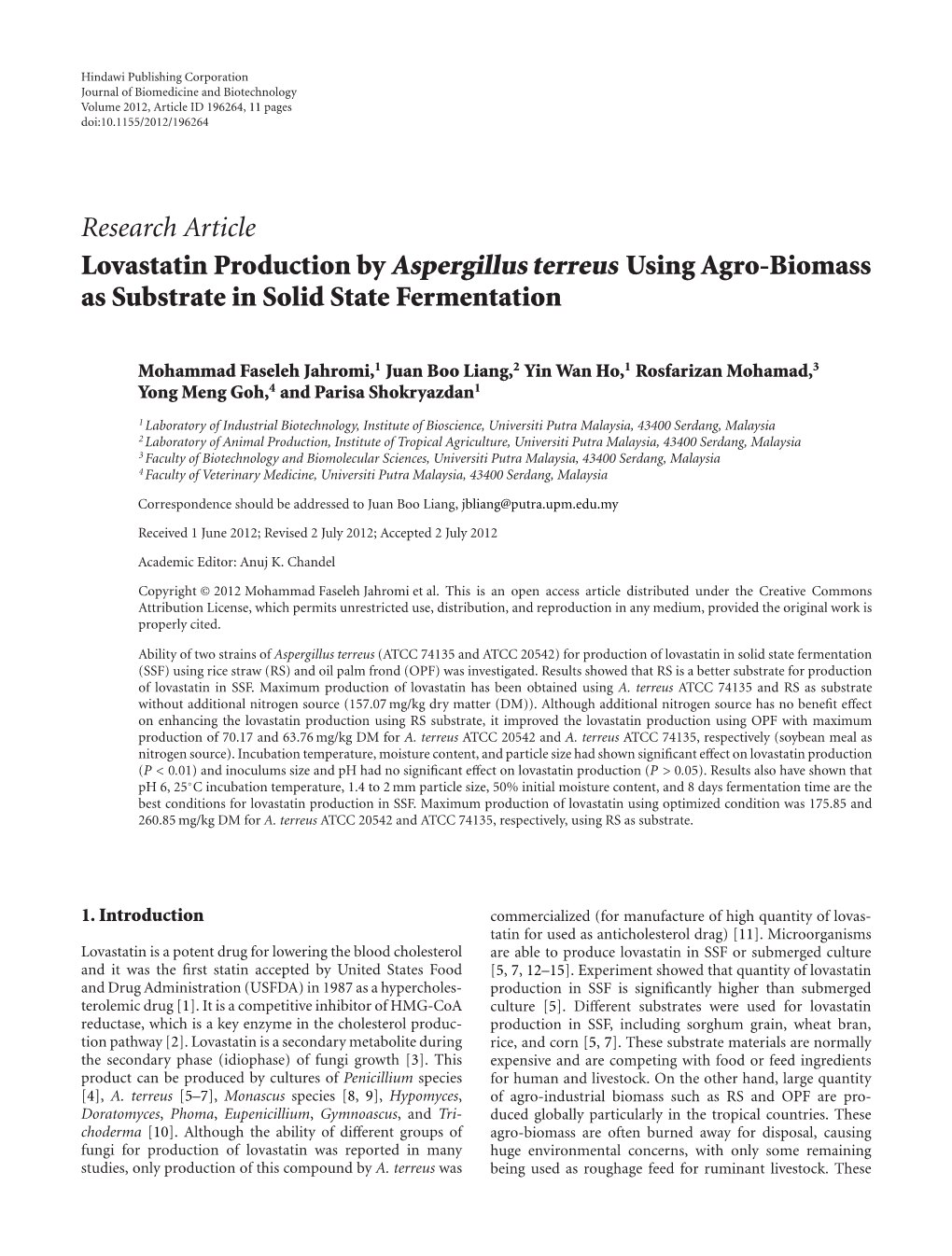 Research Article Lovastatin Production by Aspergillus Terreus Using Agro-Biomass As Substrate in Solid State Fermentation