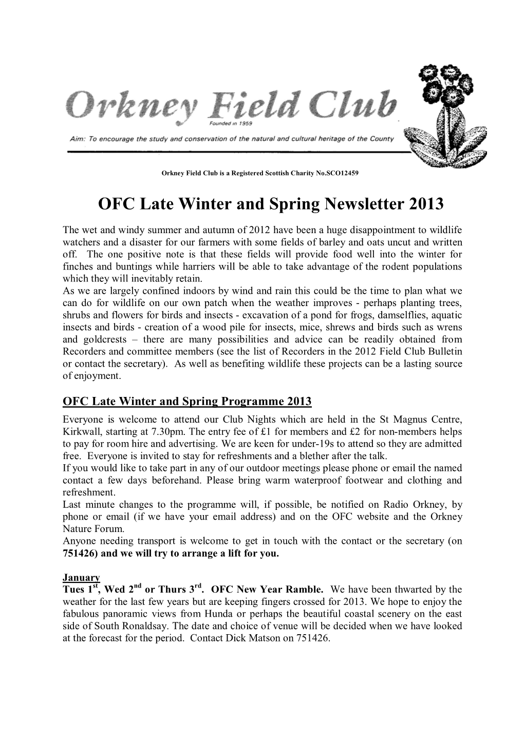 OFC Late Winter and Spring Newsletter 2013