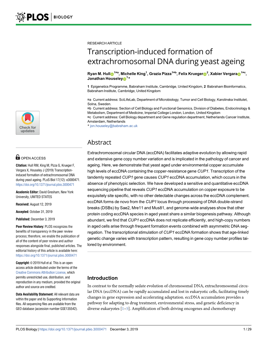 Transcription-Induced Formation of Extrachromosomal DNA During Yeast Ageing