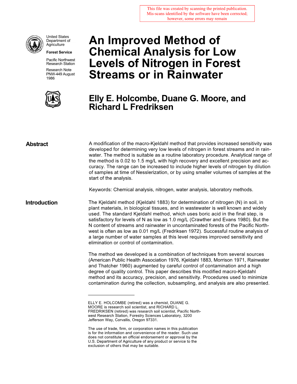 An Improved Method of Chemical Analysis for Low Levels of Nitrogen