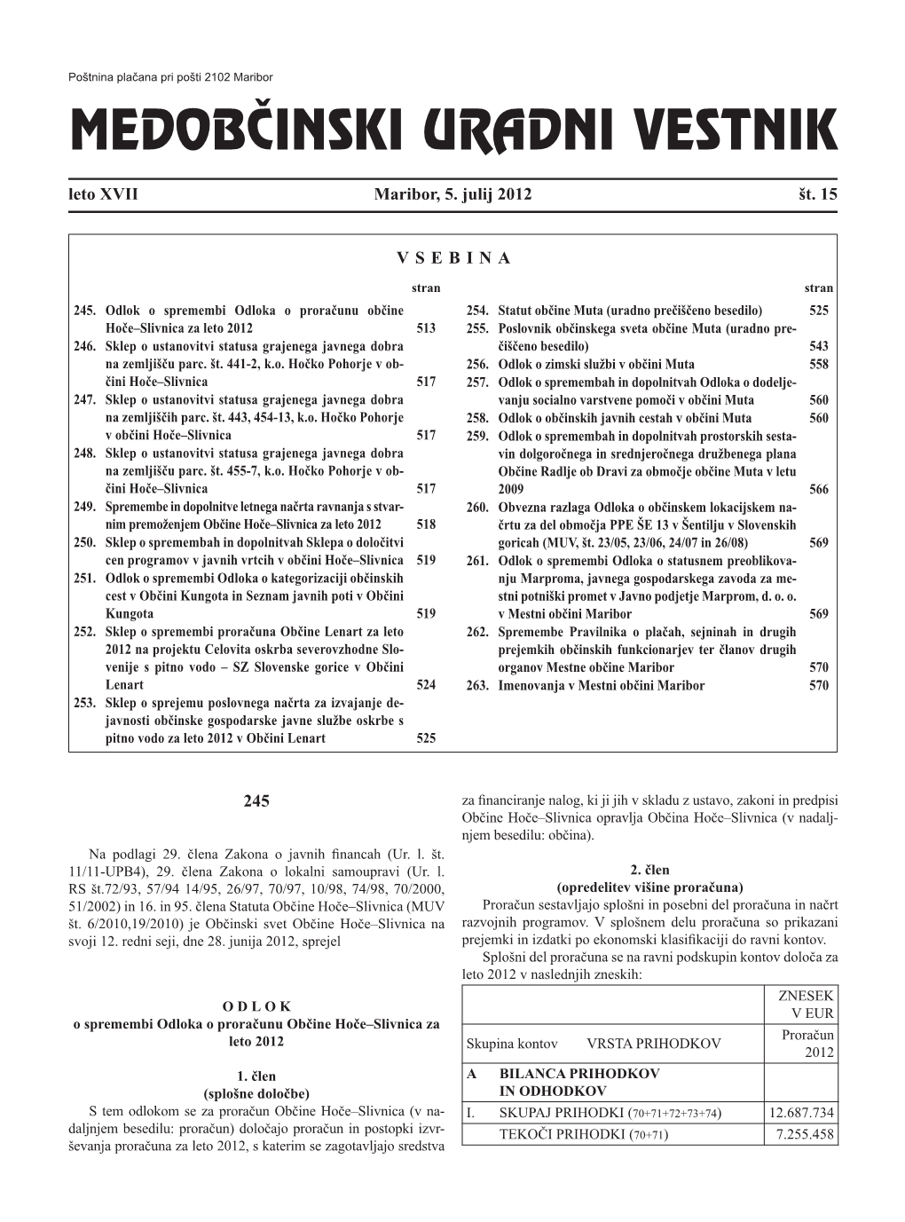 MEDOBČINSKI URADNI VESTNIK Leto XVII Maribor, 5