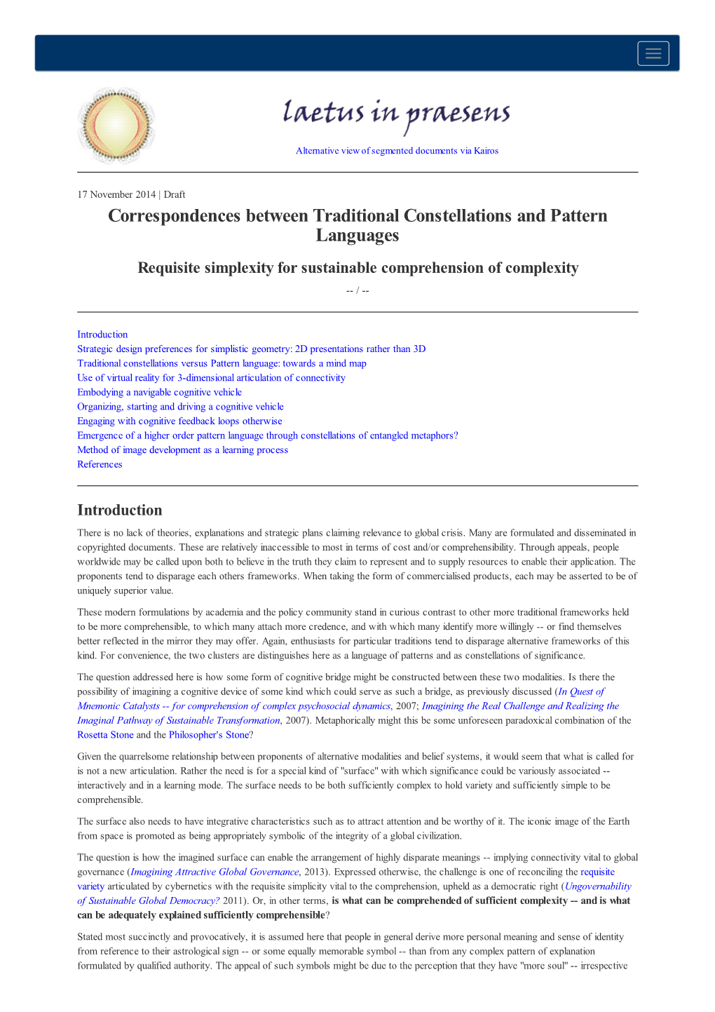 Correspondences Between Traditional Constellations and Pattern Languages Requisite Simplexity for Sustainable Comprehension of Complexity -- /