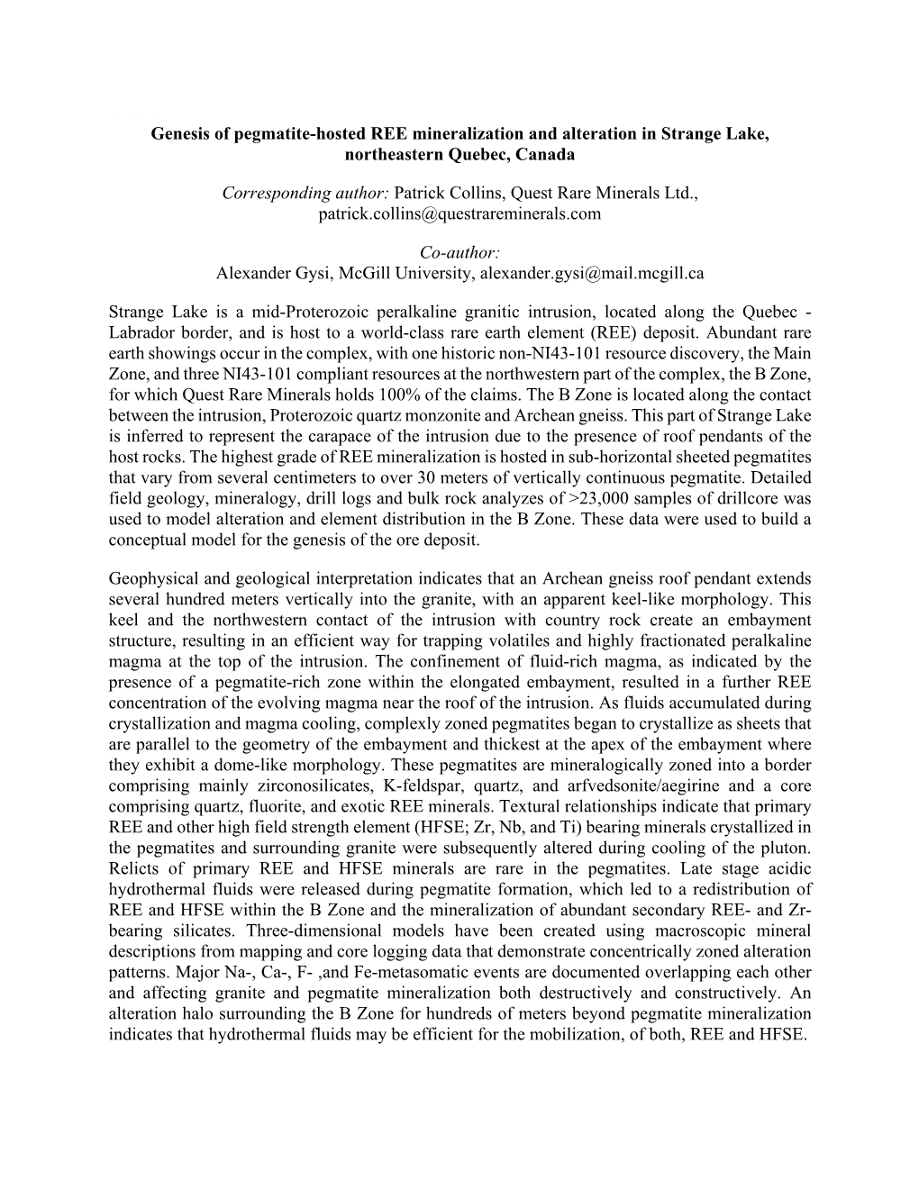 Genesis of Pegmatite-Hosted REE Mineralization and Alteration in Strange Lake, Northeastern Quebec, Canada