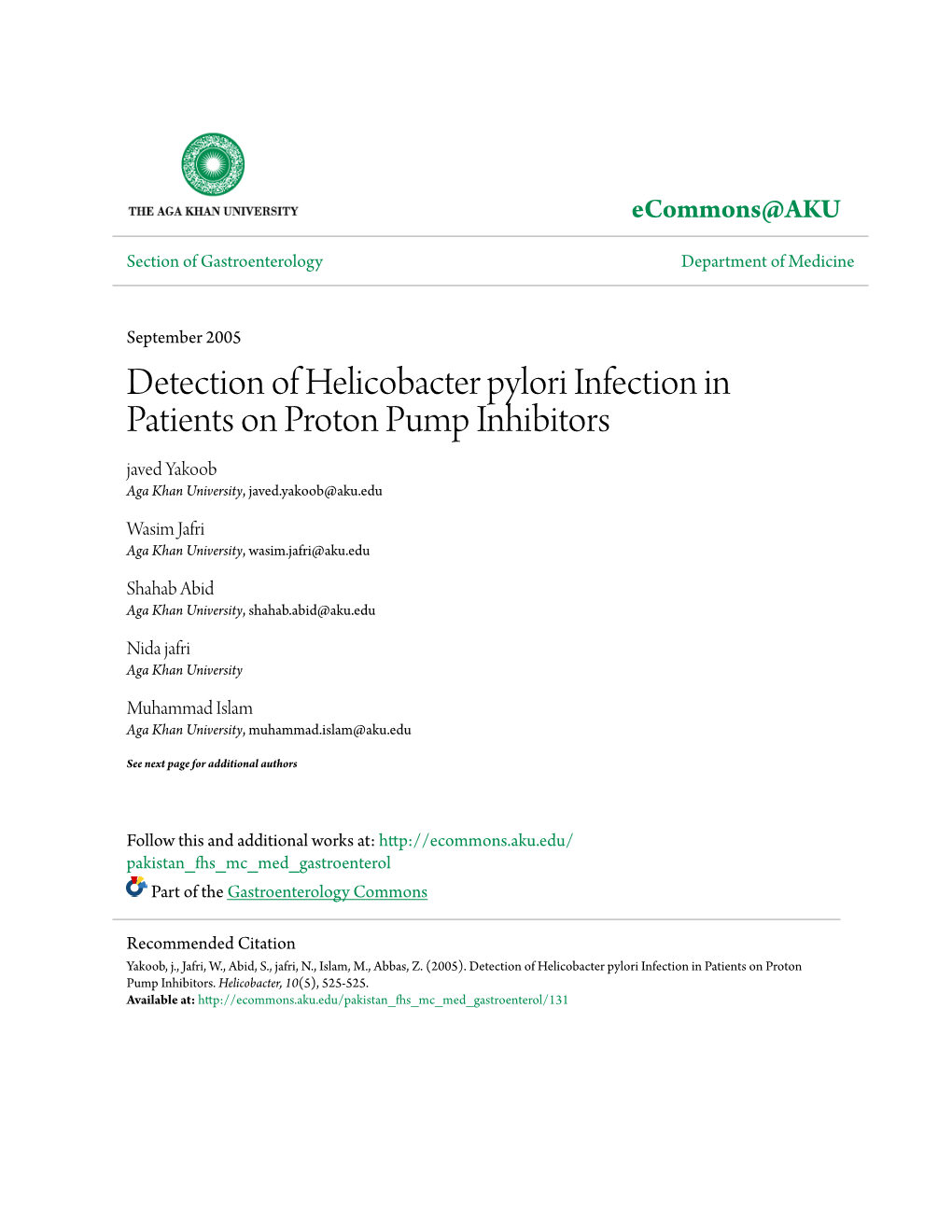 Detection of Helicobacter Pylori Infection in Patients on Proton Pump Inhibitors Javed Yakoob Aga Khan University, Javed.Yakoob@Aku.Edu