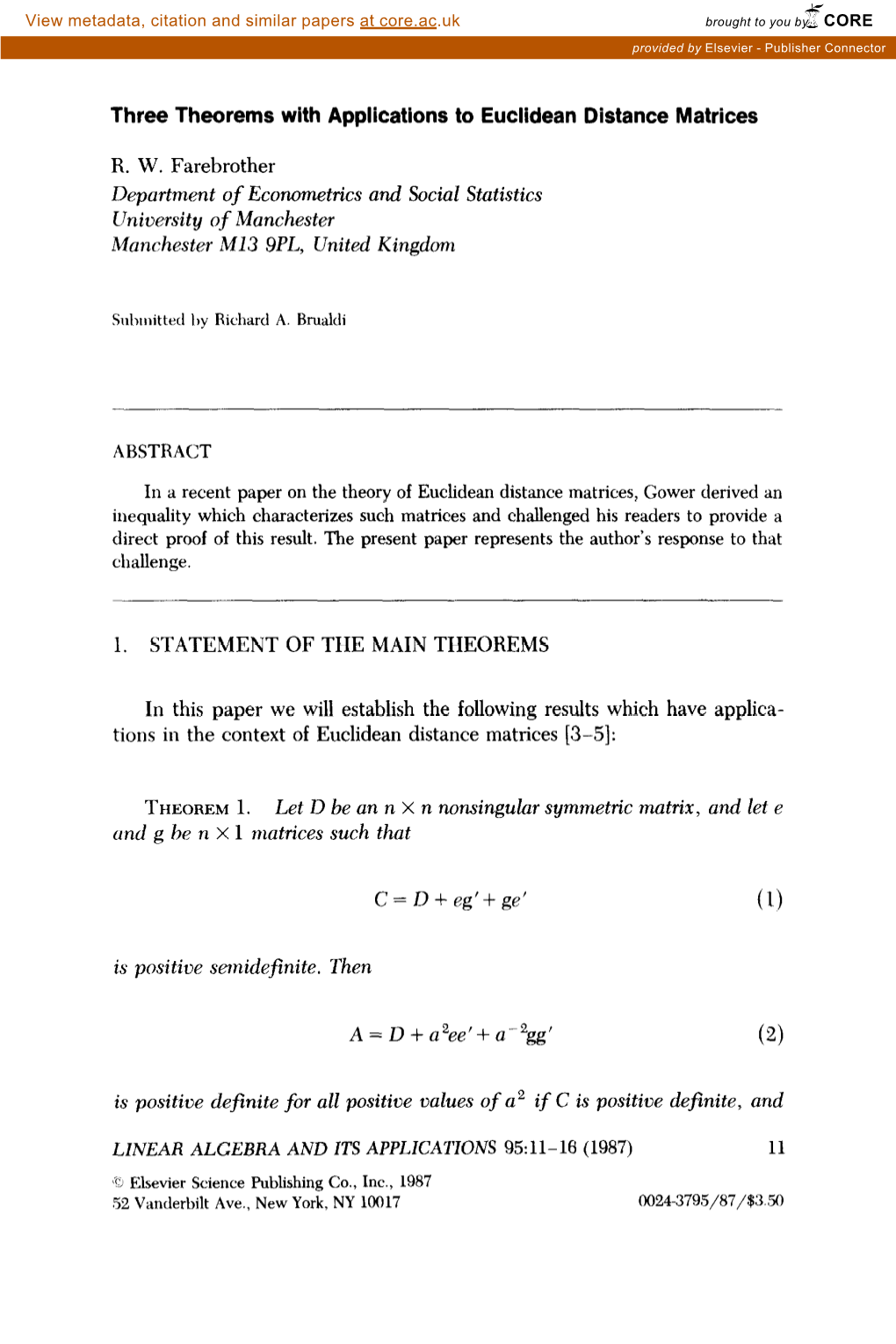 Three Theorems with Applications to Euclidean Distance Matrices