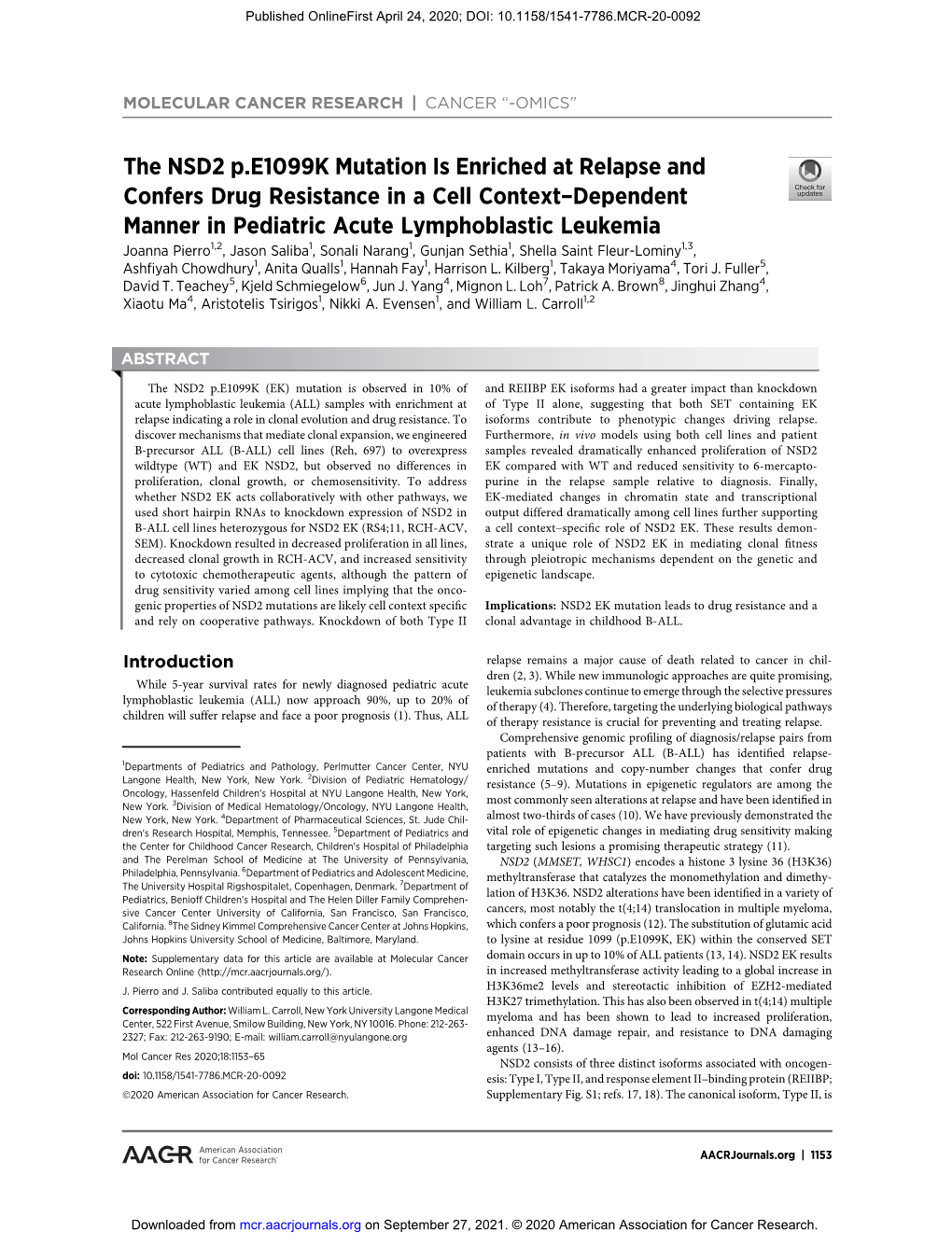 The NSD2 P.E1099K Mutation Is Enriched at Relapse and Confers