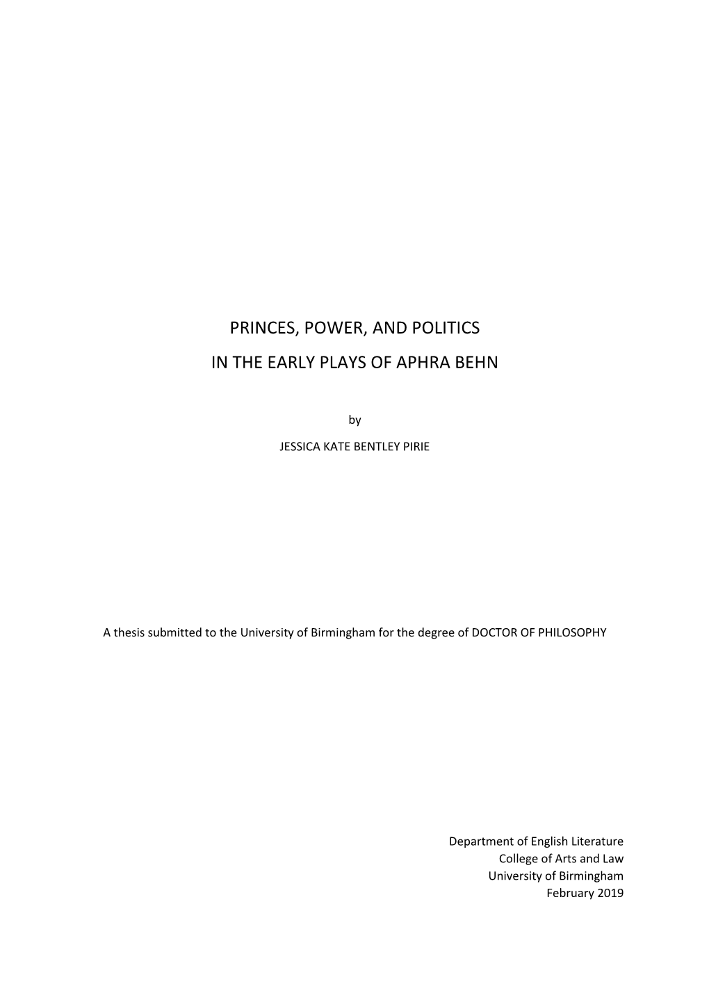 Princes, Power, and Politics in the Early Plays of Aphra Behn