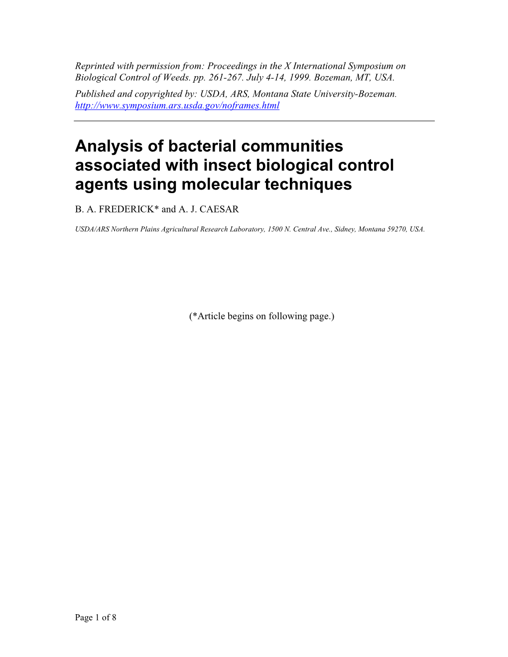 Analysis of Bacterial Communities Associated with Insect Biological Control Agents Using Molecular Techniques