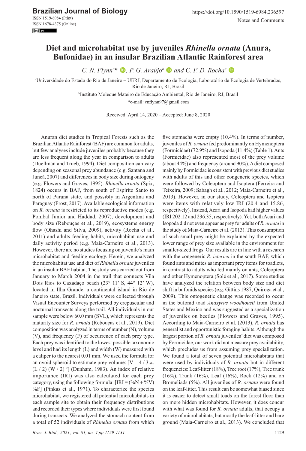 Diet and Microhabitat Use by Juveniles Rhinella Ornata (Anura, Bufonidae) in an Insular Brazilian Atlantic Rainforest Area C