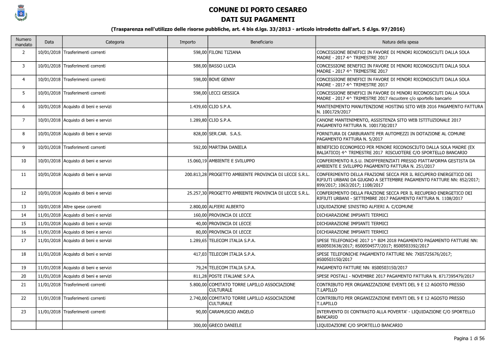 Dati Sui Pagamenti Comune Di Porto Cesareo