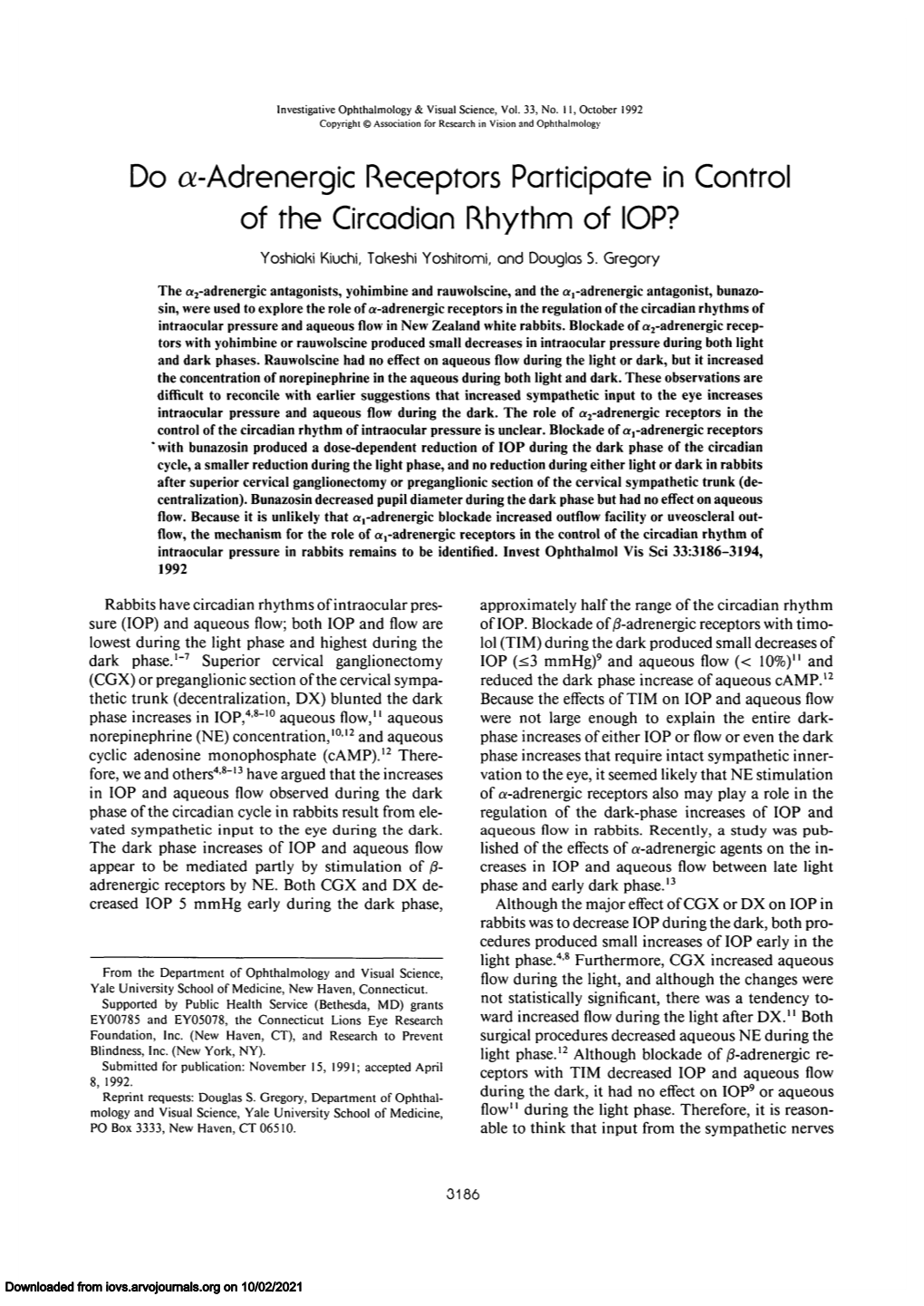 Do A-Adrenergic Receptors Participate in Control of the Circadian Rhythm of IOP?