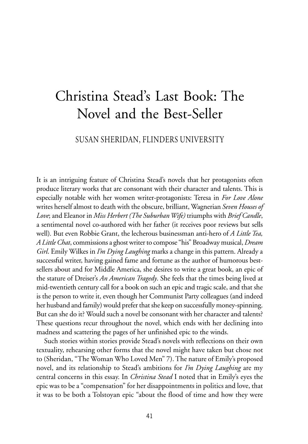 Christina Stead's Last Book: the Novel and the Best-Seller