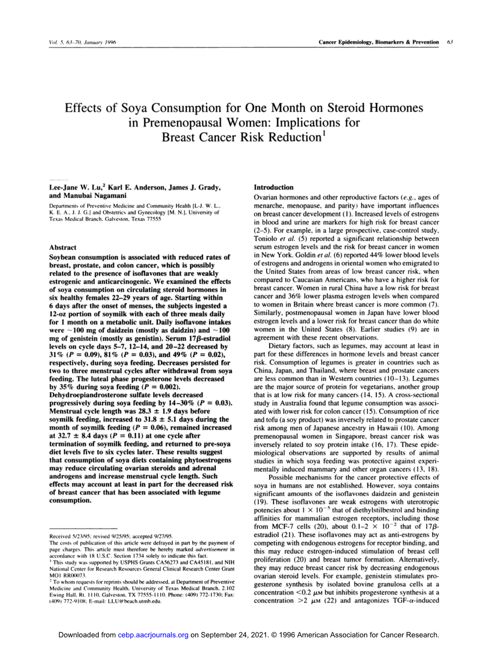 Effects of Soya Consumption for One Month on Steroid Hormones in Premenopausal Women: Implications for Breast Cancer Risk Reduction’