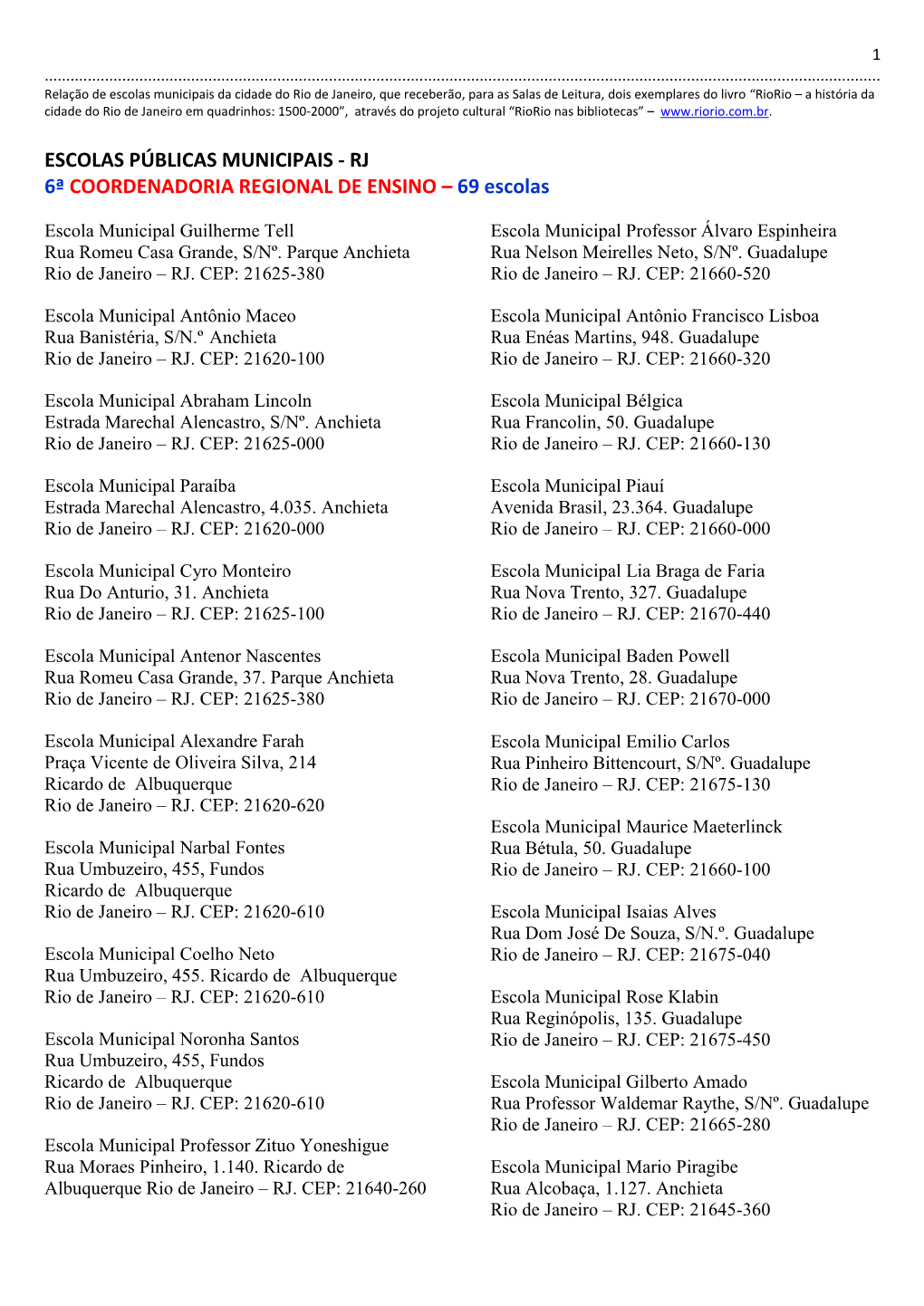 ESCOLAS PÚBLICAS MUNICIPAIS - RJ 6ª COORDENADORIA REGIONAL DE ENSINO – 69 Escolas