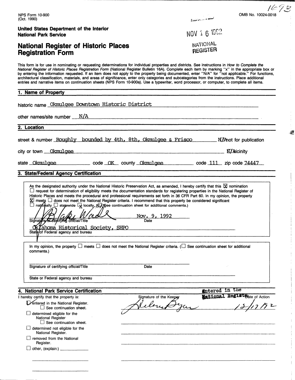 NOV 1 6 National Register of Historic Places NATIONAL Registration Form REGISTER