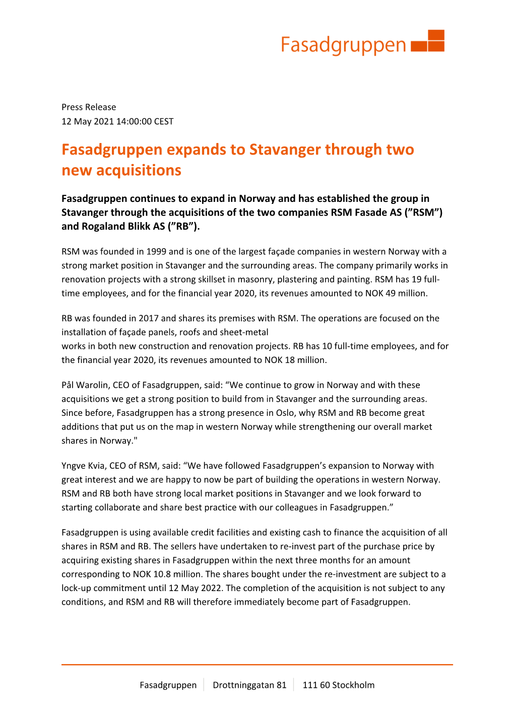 Fasadgruppen Expands to Stavanger Through Two New Acquisitions