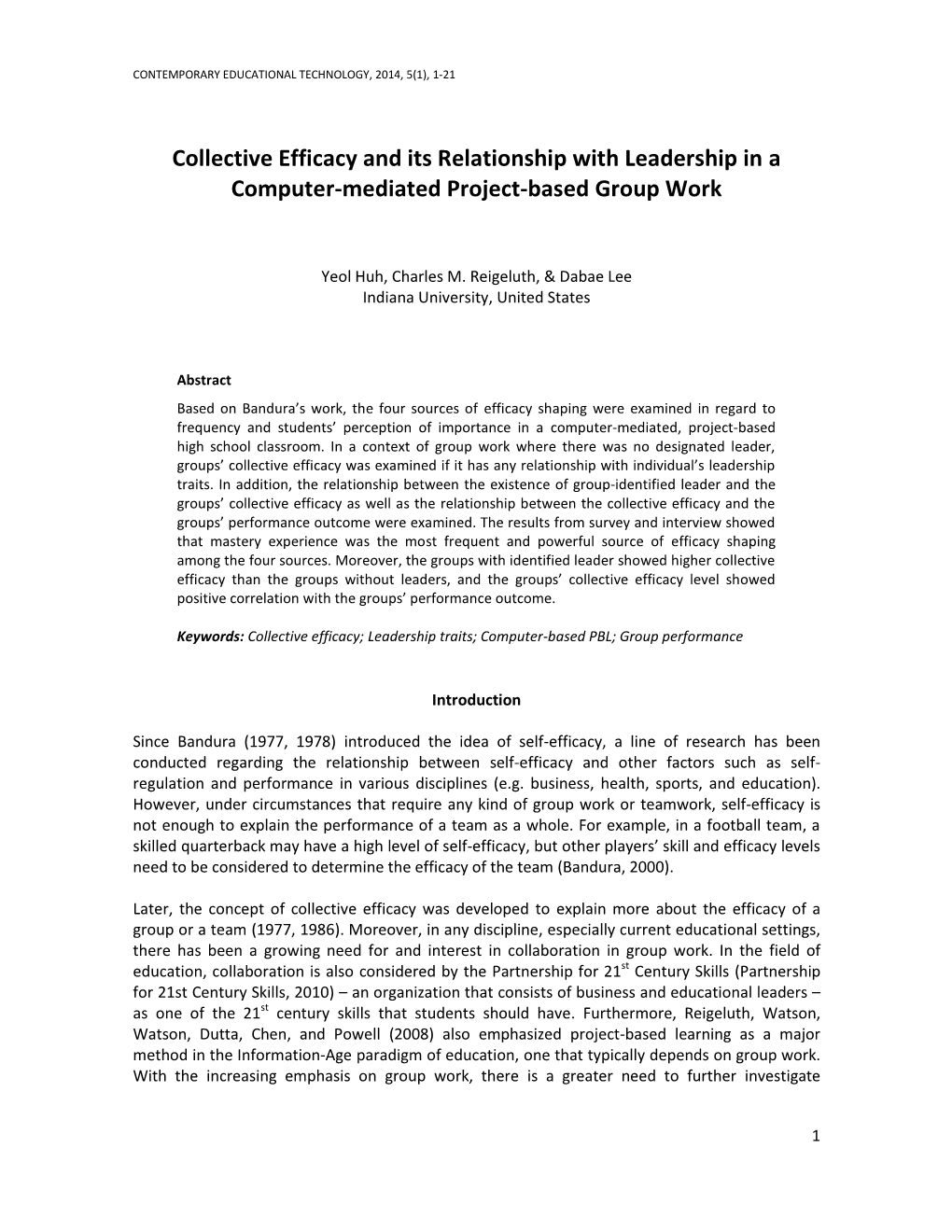 Collective Efficacy and Its Relationship with Leadership in a Computer-Mediated Project-Based Group Work