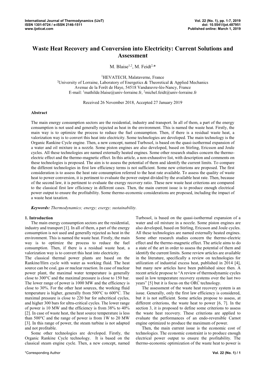 Waste Heat Recovery and Conversion Into Electricity: Current Solutions and Assessment