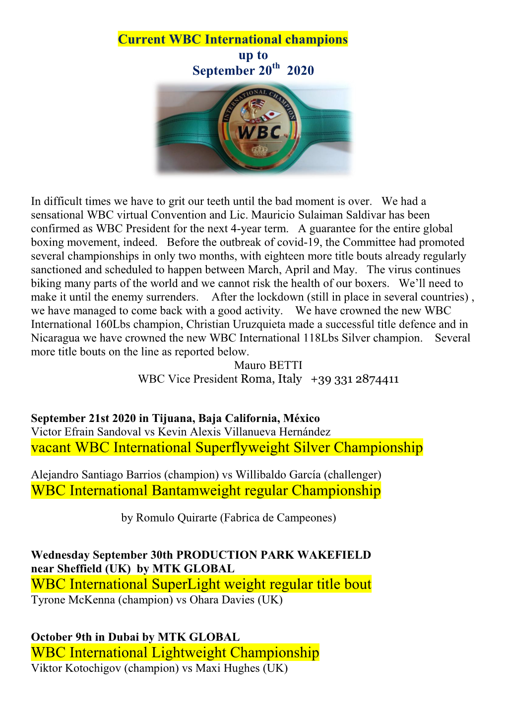 Current WBC International Champions up to September 20Th 2020