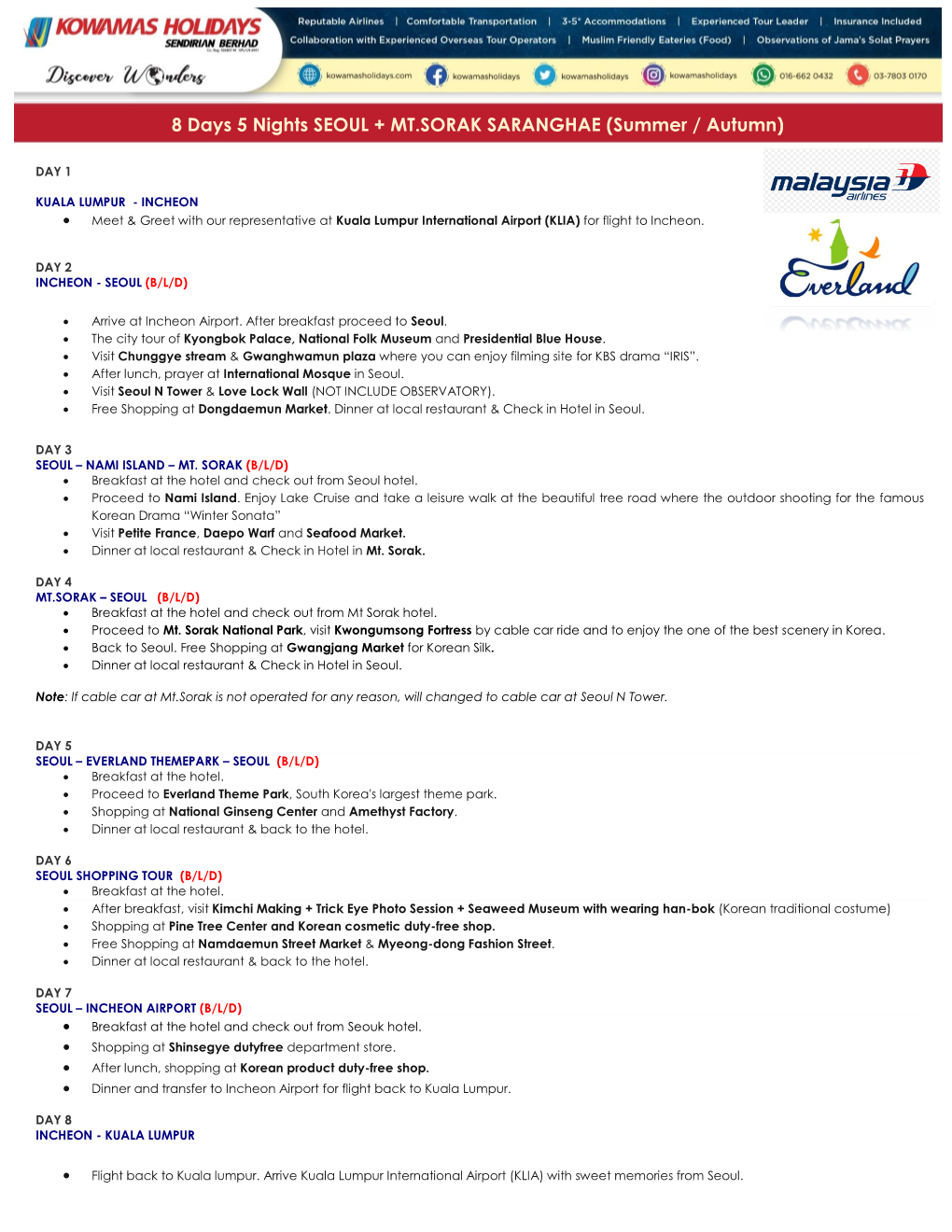 8 Days 5 Nights SEOUL + MT.SORAK SARANGHAE (Summer / Autumn)