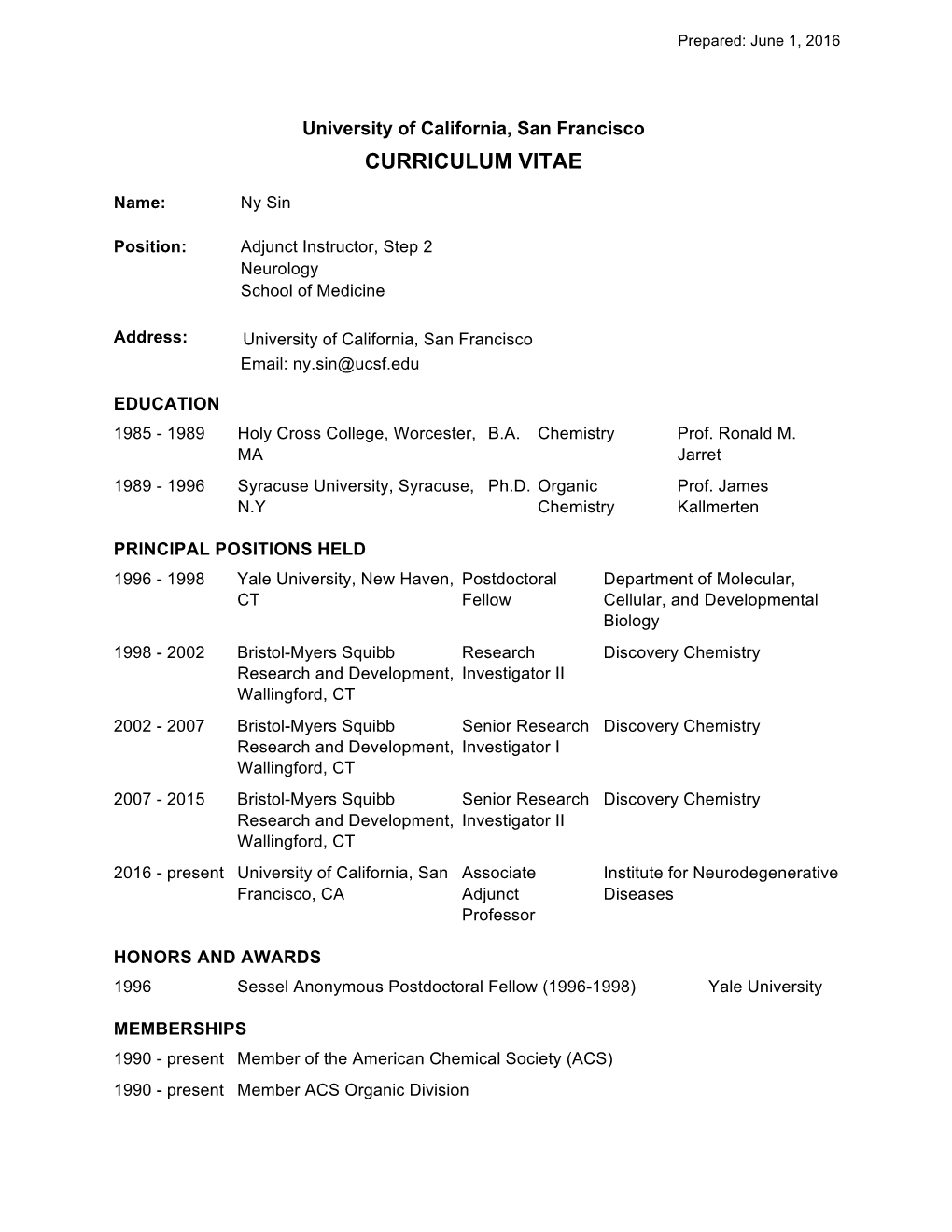 Ny Sin Cv 2016 Ucsf