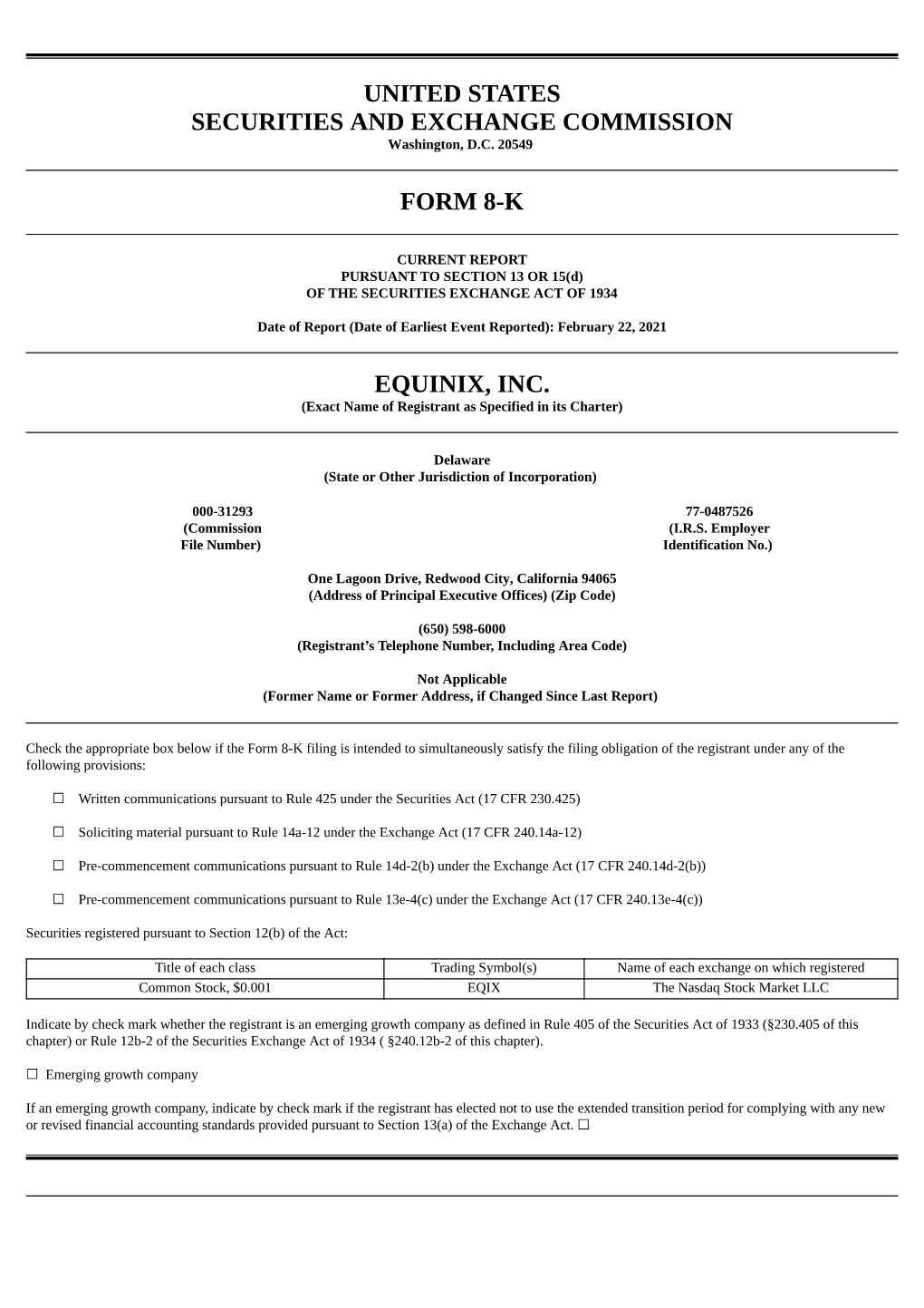 United States Securities and Exchange Commission Form 8-K Equinix, Inc