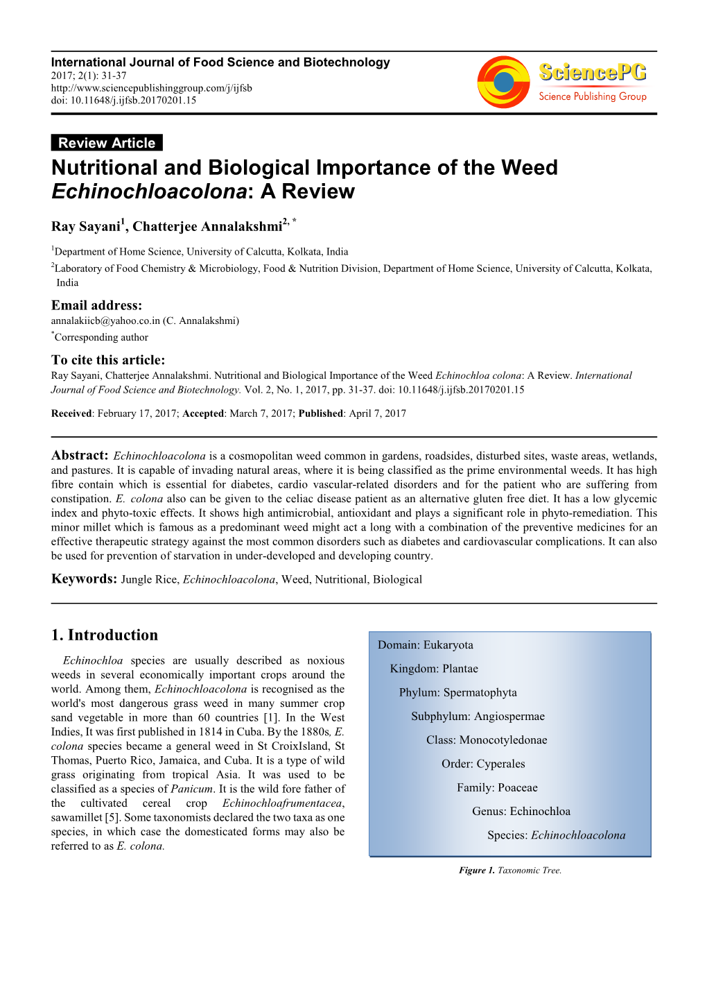 Nutritional and Biological Importance of the Weed Echinochloacolona: A