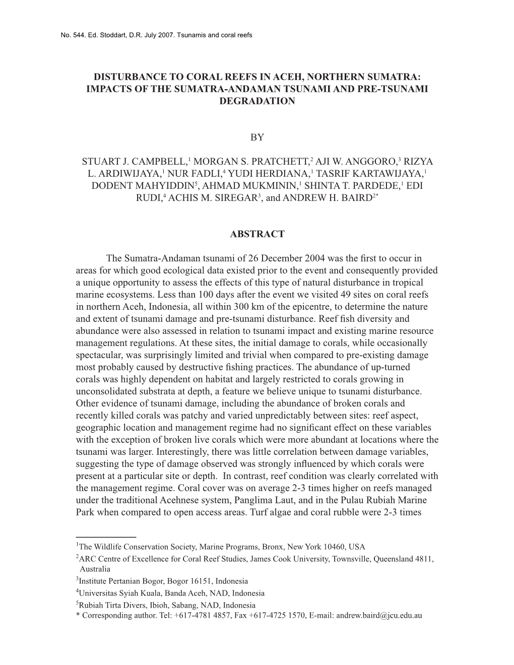 Disturbance to Coral Reefs in Aceh, Northern Sumatra: Impacts of the Sumatra-Andaman Tsunami and Pre-Tsunami Degradation