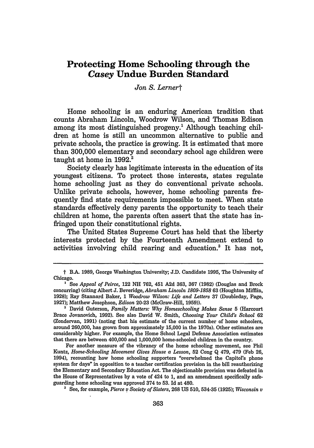 Protecting Home Schooling Through the Casey Undue Burden Standard Jon S