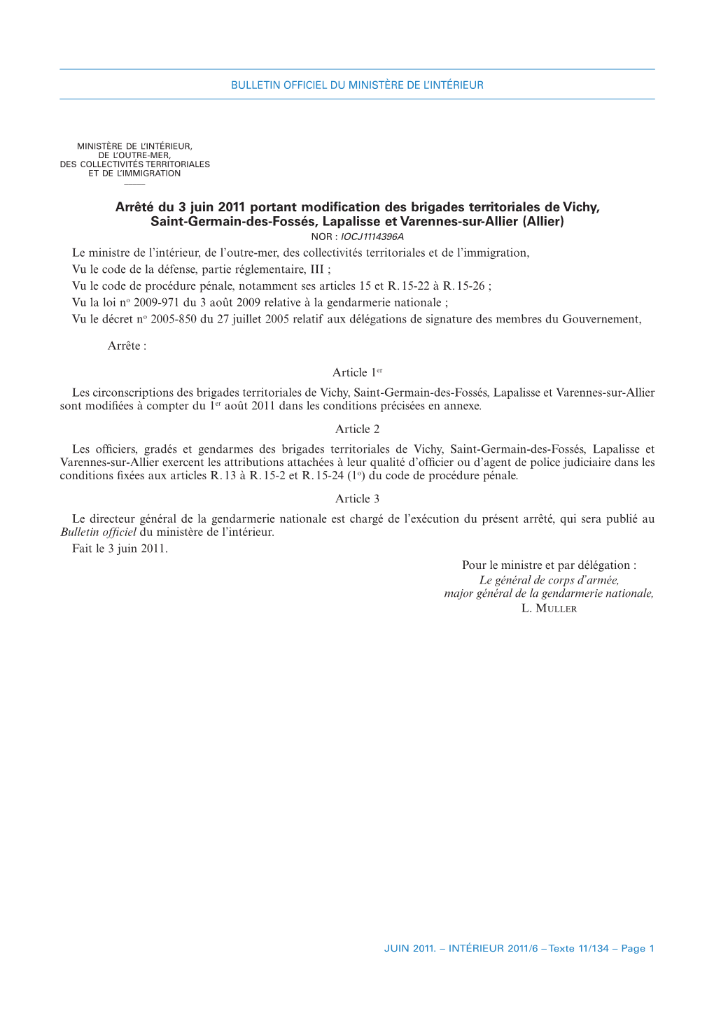 Arrêté Du 3 Juin 2011 Portant Modification Des Brigades