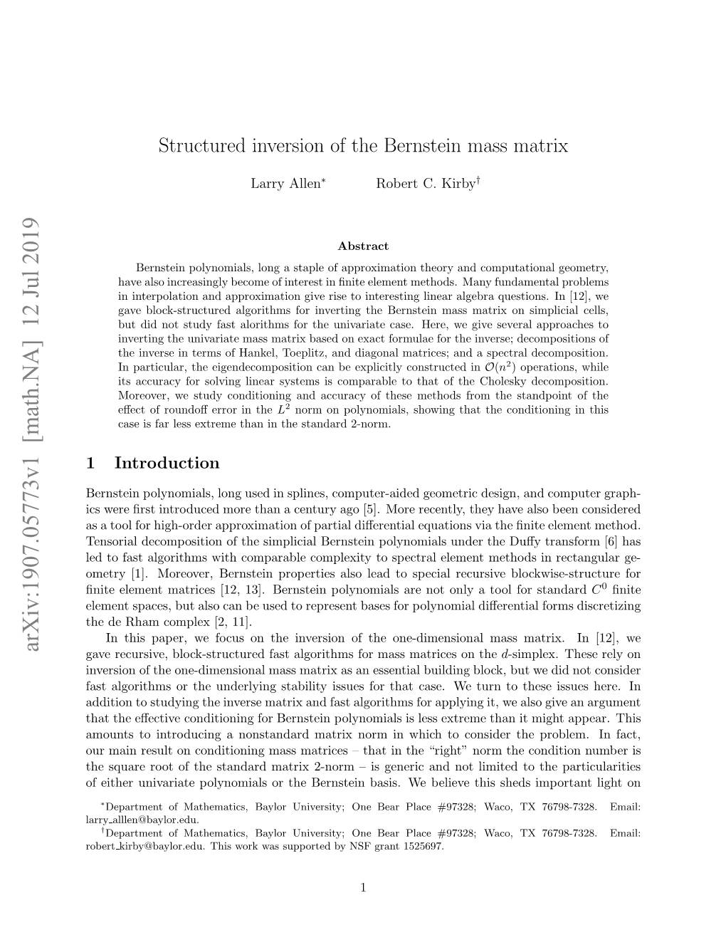 Structured Inversion of the Bernstein Mass Matrix