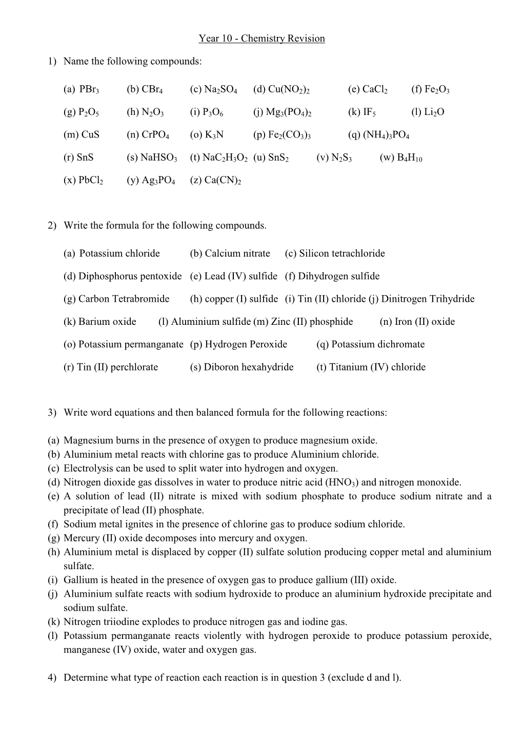 Year 10 - Chemistry Revision