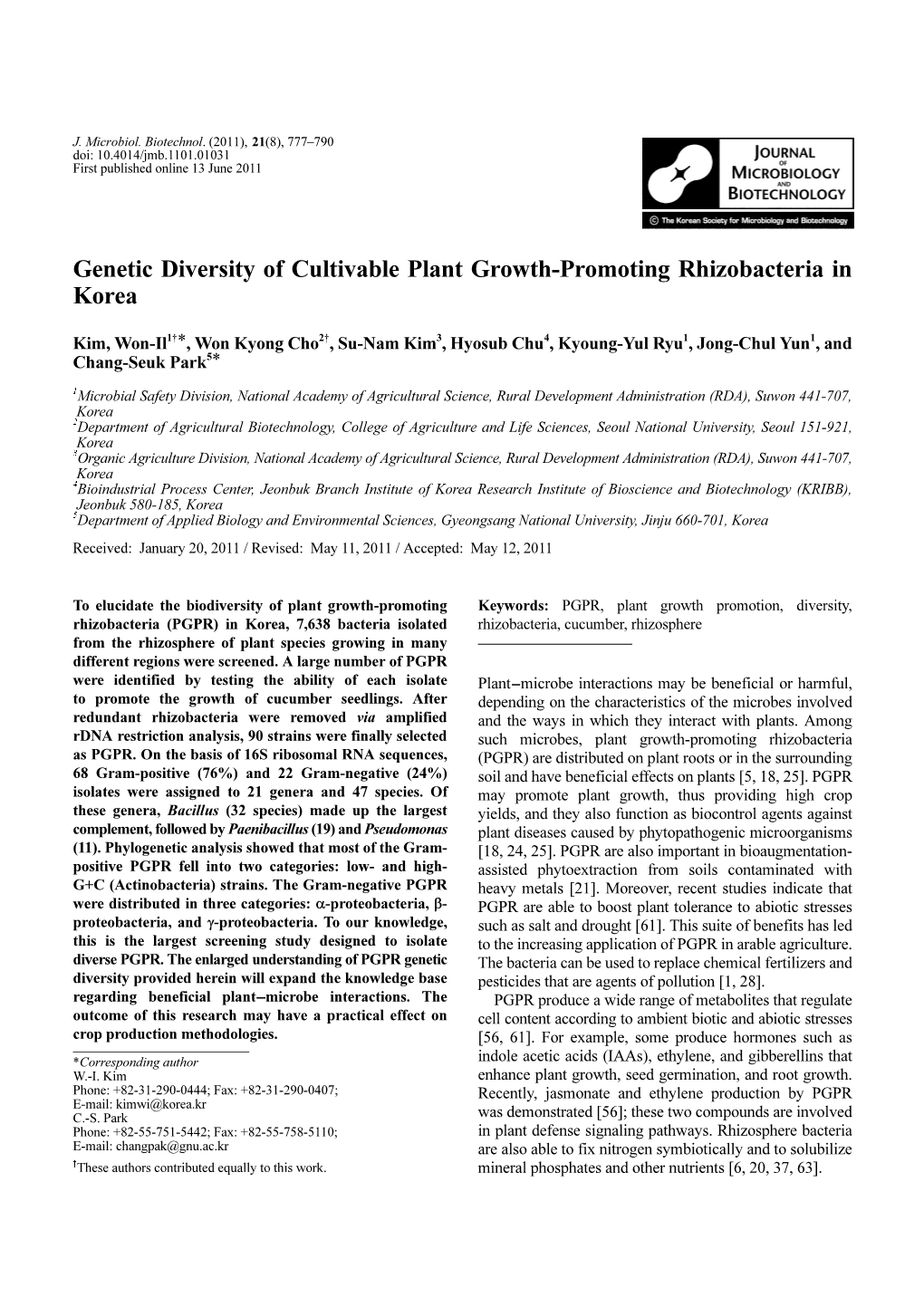 Genetic Diversity of Cultivable Plant Growth-Promoting Rhizobacteria in Korea