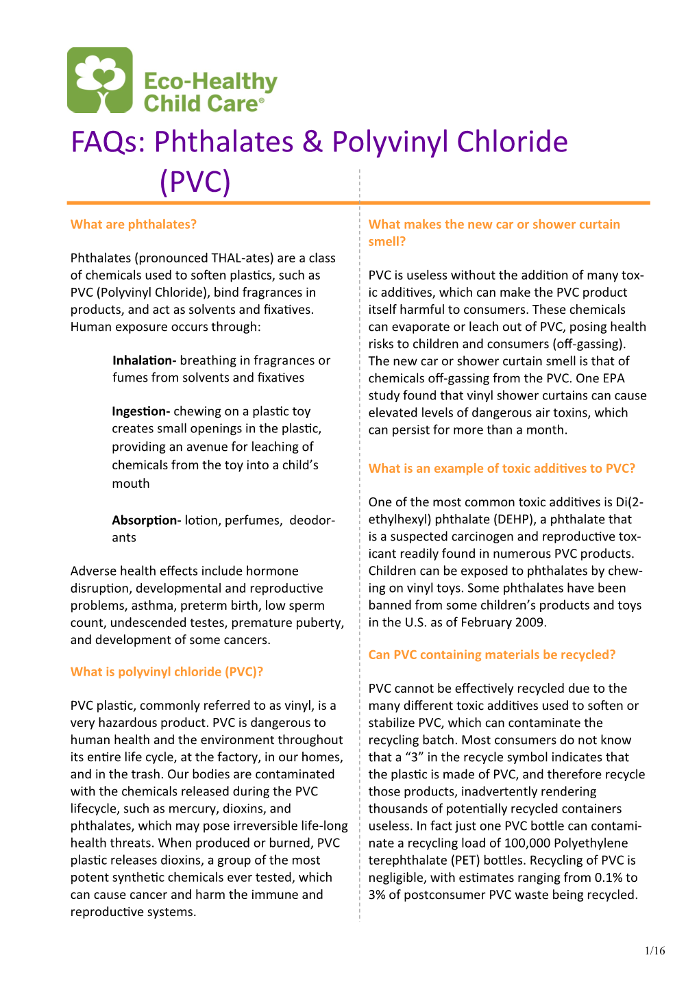 Faqs: Phthalates & Polyvinyl Chloride (PVC)